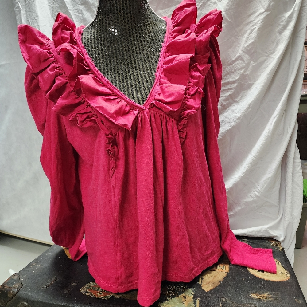 Anthropologie Fuscia Ruffle Longsleeved Top